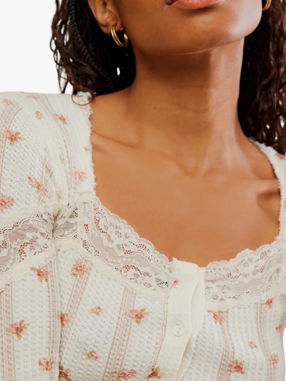 Free People
Let's Party Floral Lace Trim Cotton Waffle Knit Button-Up Top - Picture 2 of 6
